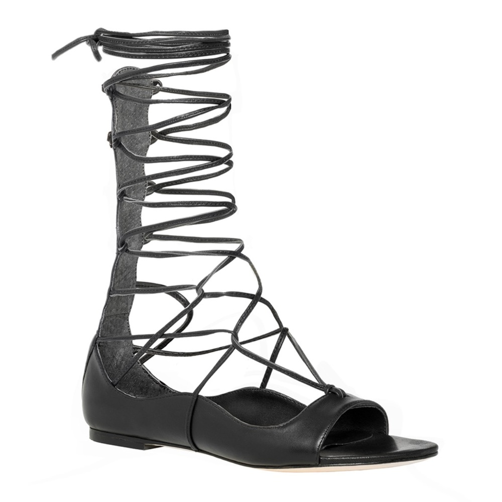 LEON MAX | Black Leather Gladiator Flats Sandals Size 6.5M